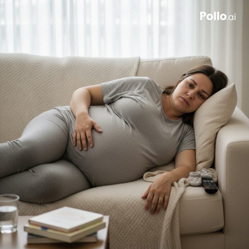 Expecting mother of twins lying on the couch because she feels tired