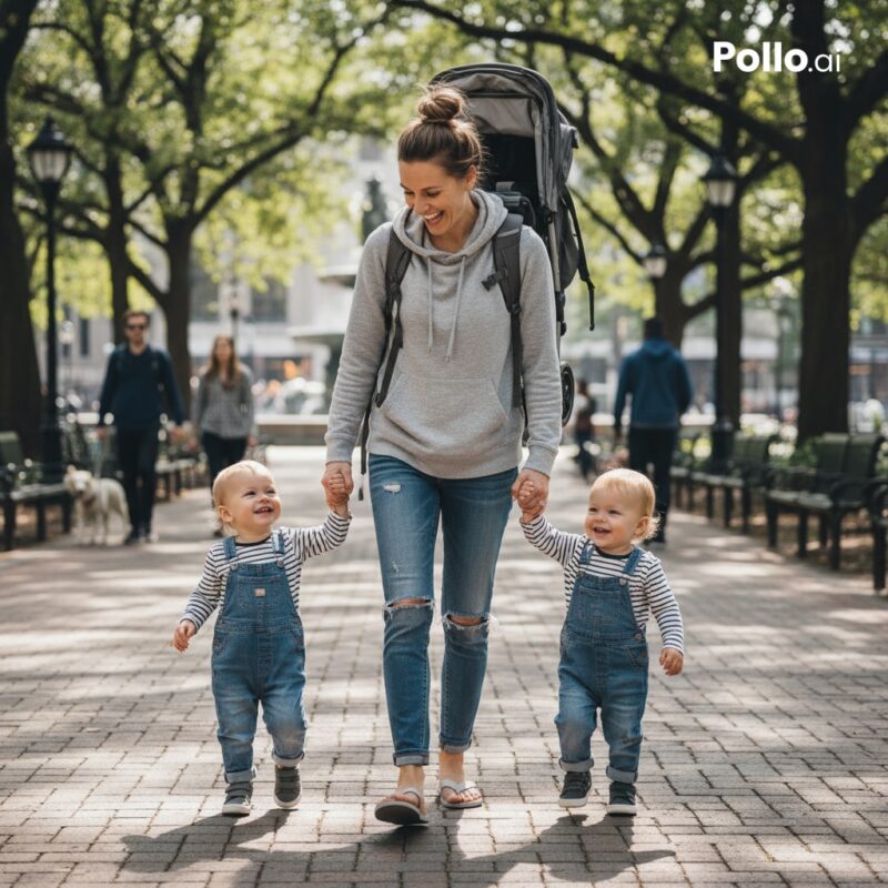 Twin mom in casual clothes happily going out with her smiling twins