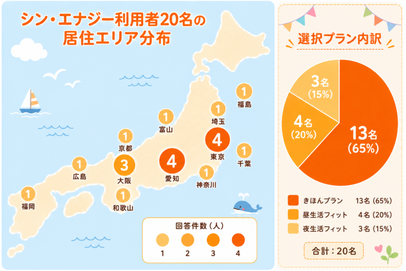 シン・エナジー利用者20名の居住エリア分布とプラン内訳