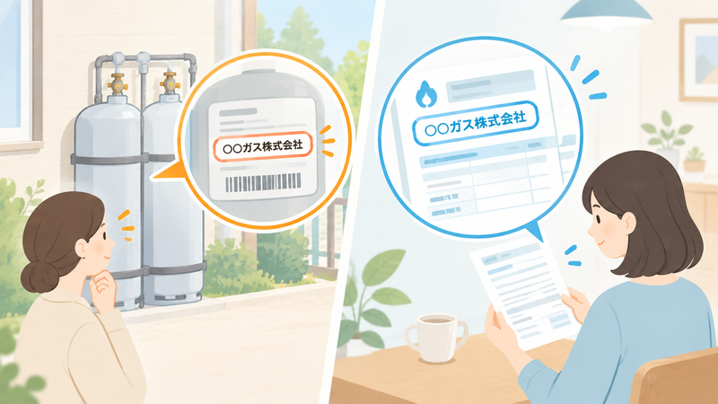 賃貸のガス会社を確認する方法を示すイラスト。プロパンガスはボンベのラベル、都市ガスは請求書を確認してガス会社名を調べる。